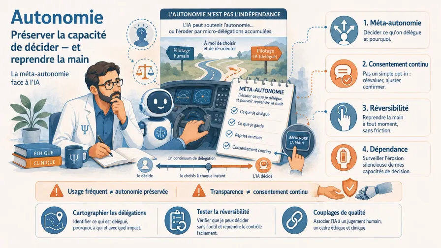 Infographie de synthèse sur l'autonomie en éthique de l'IA : préserver la capacité de décider et de reprendre la main. Quatre points — méta-autonomie, consentement continu, réversibilité, dépendance — et un continuum de délégation allant de « je décide » à « l'IA décide ».