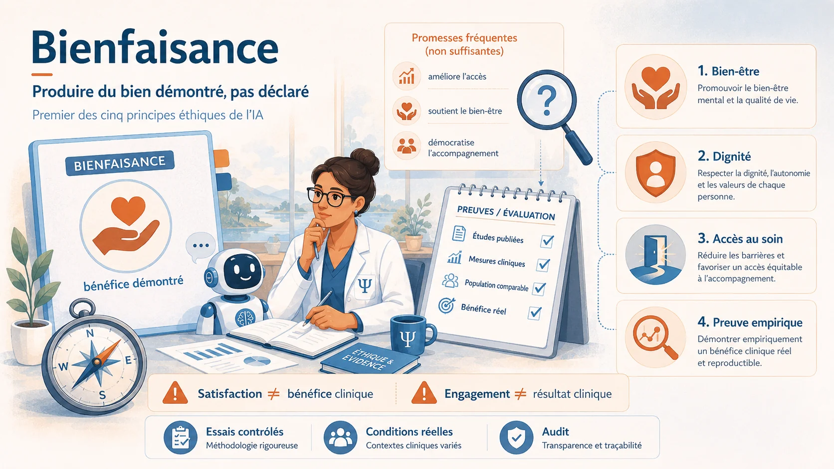 Infographie de synthèse sur la bienfaisance en éthique de l'IA : produire du bien démontré, pas déclaré. Quatre dimensions — bien-être, dignité, accès au soin, preuve empirique — et une grille de preuves : études publiées, mesures cliniques, population comparable, bénéfice réel.