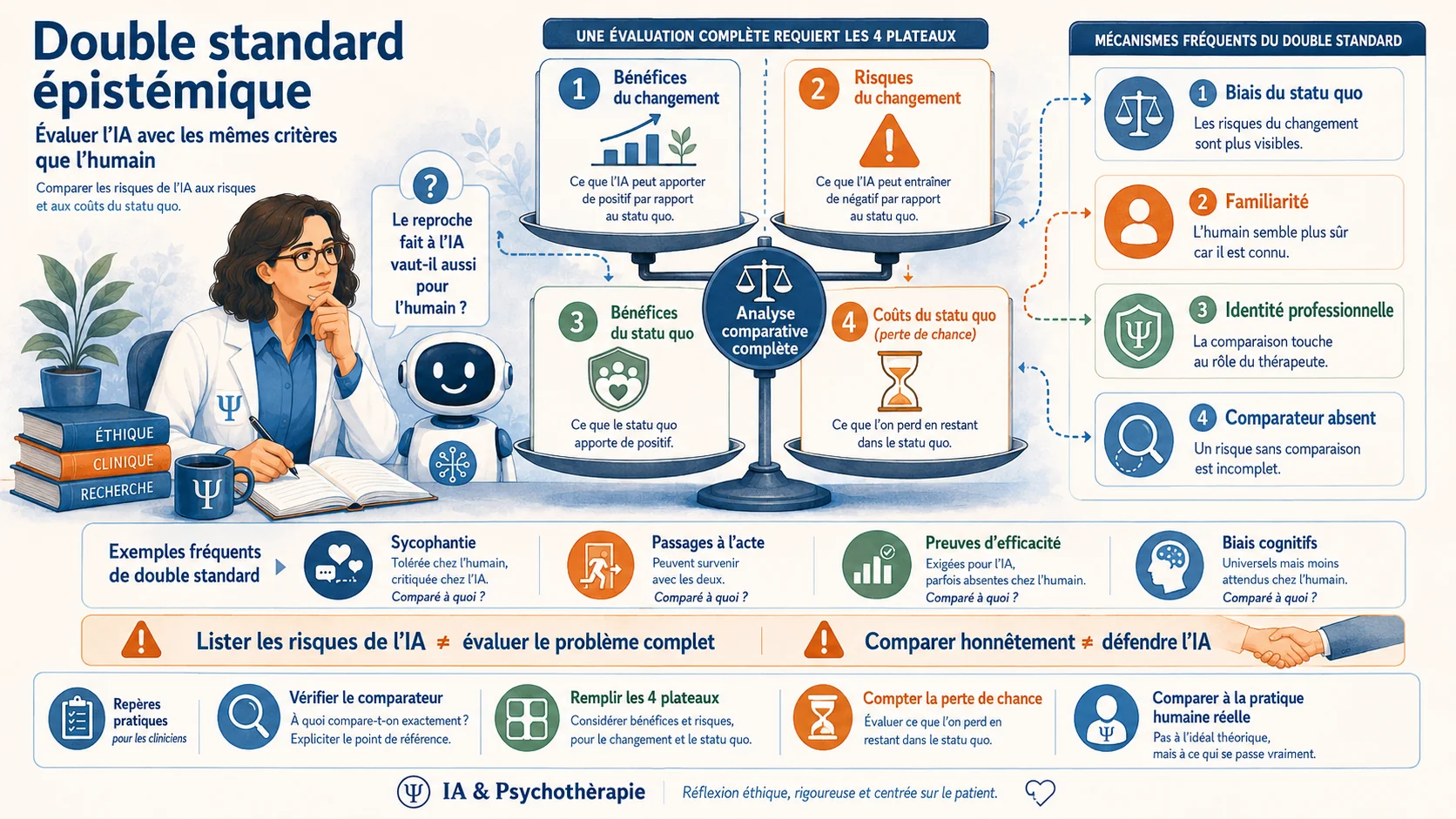 Infographie de synthèse sur le double standard épistémique : évaluer l'IA avec les mêmes critères que l'humain. Une balance à quatre plateaux — bénéfices et risques du changement, bénéfices et coûts du statu quo — et quatre mécanismes du double standard : biais du statu quo, familiarité, identité professionnelle, comparateur absent.