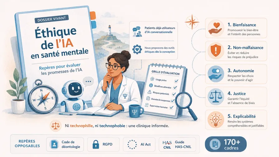 Infographie du dossier « Éthique de l'IA en santé mentale » : les cinq principes du cadre AIEF — bienfaisance, non-malfaisance, autonomie, justice, explicabilité —, la grille d'évaluation du praticien (usage prévu, bénéfices attendus, risques potentiels, données et transparence, supervision humaine) et les repères opposables : code de déontologie, RGPD, AI Act, guide HAS-CNIL.