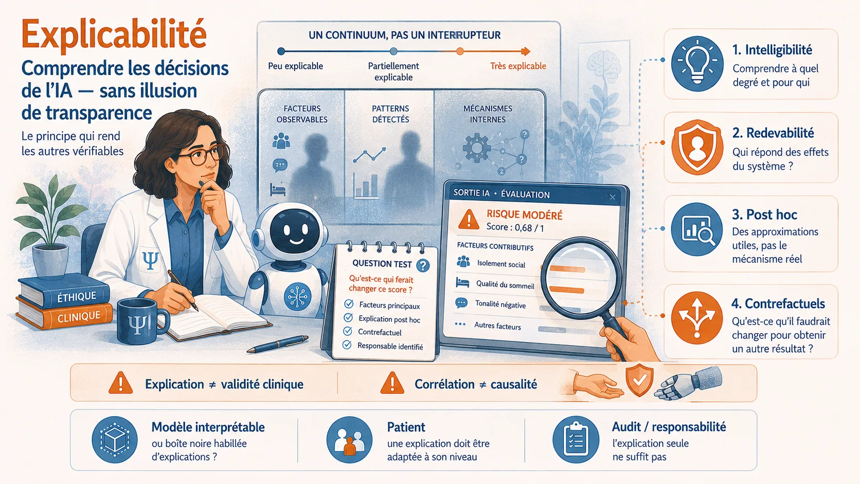 Infographie de synthèse sur l'explicabilité en éthique de l'IA : comprendre les décisions sans illusion de transparence. Quatre points — intelligibilité, redevabilité, explications post hoc, contrefactuels — et un continuum allant des facteurs observables aux mécanismes internes.