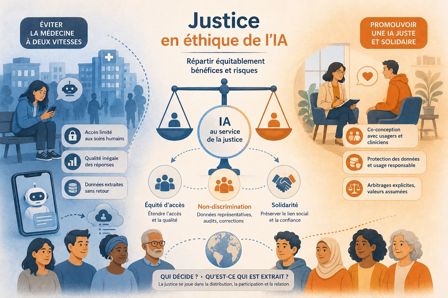 Infographie de synthèse sur la justice en éthique de l'IA : répartir équitablement bénéfices et risques. À gauche, la médecine à deux vitesses (accès limité aux soins humains, qualité inégale des réponses, données extraites sans retour) ; à droite, une IA juste et solidaire (co-conception, protection des données, arbitrages explicites). Au centre, trois exigences : équité d'accès, non-discrimination, solidarité.