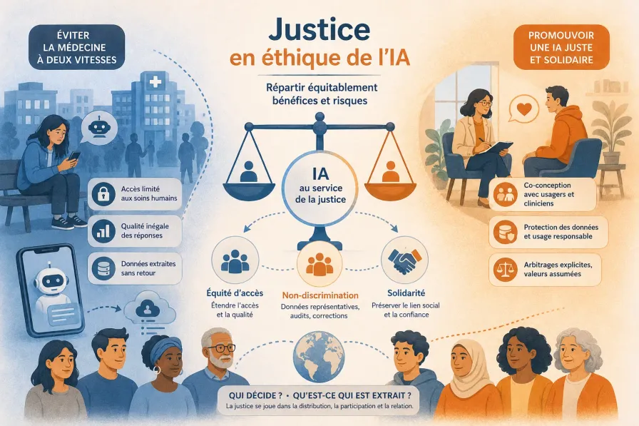 Infographie de synthèse sur la justice en éthique de l'IA : répartir équitablement bénéfices et risques. À gauche, la médecine à deux vitesses (accès limité aux soins humains, qualité inégale des réponses, données extraites sans retour) ; à droite, une IA juste et solidaire (co-conception, protection des données, arbitrages explicites). Au centre, trois exigences : équité d'accès, non-discrimination, solidarité.