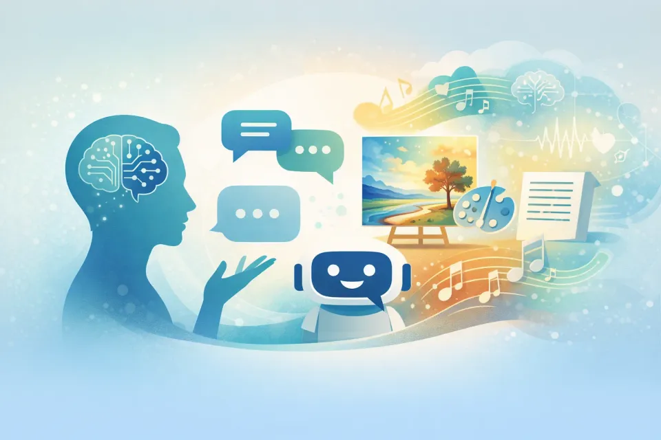 Illustration : une personne dialoguant avec une IA créative — musique, peinture et écriture émergent de leur échange