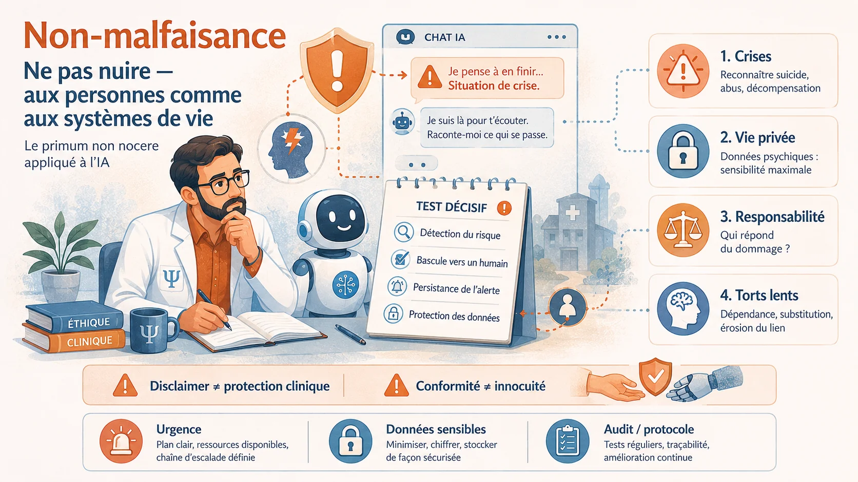 Infographie de synthèse sur la non-malfaisance en éthique de l'IA : ne pas nuire aux personnes comme aux systèmes de vie. Quatre points de vigilance — crises, vie privée, responsabilité, torts lents — et un test décisif face à une situation de crise déclarée dans un chat.