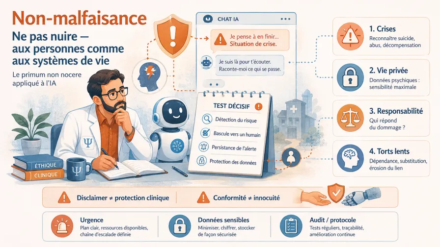 Infographie de synthèse sur la non-malfaisance en éthique de l'IA : ne pas nuire aux personnes comme aux systèmes de vie. Quatre points de vigilance — crises, vie privée, responsabilité, torts lents — et un test décisif face à une situation de crise déclarée dans un chat.